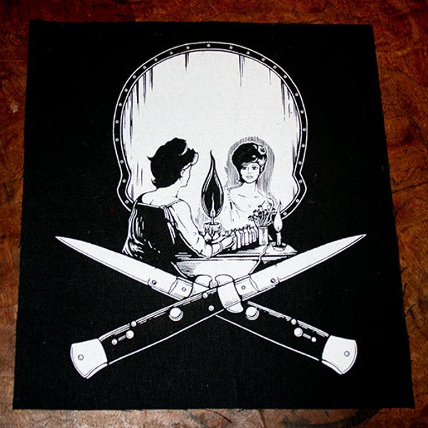 All is Vanity...and Switchblades. Handmade screen printed back patch. White on black.