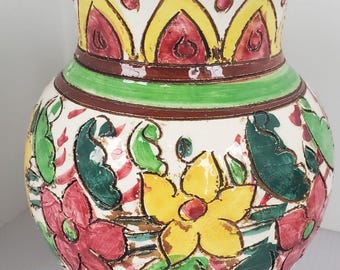 Jarrón de flores italiano vintage de arcilla esmaltada floral hecho a mano en Italia decorativo firmado