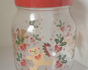 Anchor Hocking Glass Jar Canister Christmas Cookie Teddy Bear Holly Bows 7 VTG
