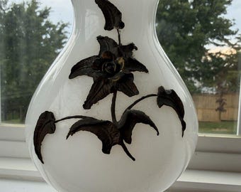 Vintage Falkenstein Milk Glass Hurricane Lamp Shade Hollywood Regency Floral 7