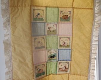 VTG Embroidered Baby Quilt 33x42 Cross Stitch 1980s Farm Animals Gingham Crib