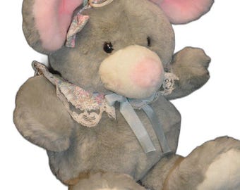 VTG Commonwealth Gray Pink Mouse Plush Stuffed Animal Toy 1991 Floral Bow 17"