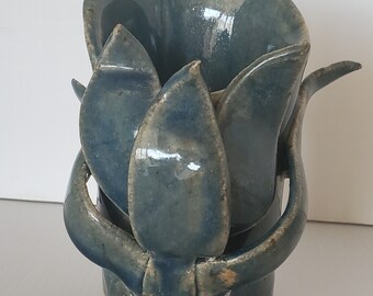 Vintage Hand Made Studio Art Stoneware Pottery Bud Vase Blue Leaf 5" Signed MCM