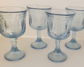 Vintage Fostoria Woodland Soft Blue Water Goblets Stemmed Glass 6" Tall 4pc Set