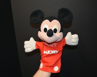 Vintage Playskool Walt Disney Mickey Mouse Plush Hand Puppet 13" Red Bow Tie