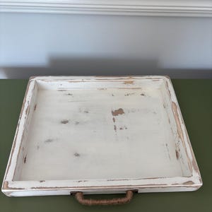 Distressed White Wooden Tray with Jute Handle