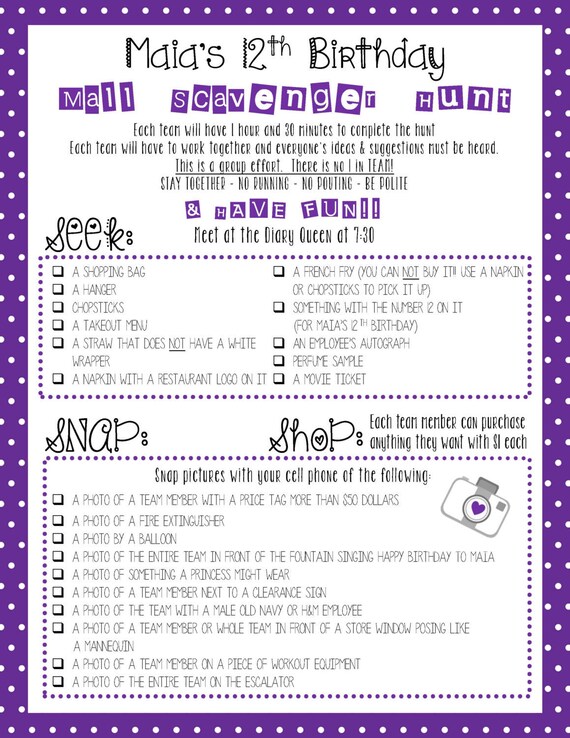Mall Scavenger Hunt List Etsy