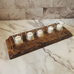 Reclaimed Wood Candle Holder: Rustic Beam Centerpiece, 5 Votives