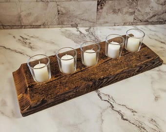 Reclaimed Wood Candle Holder: Rustic Beam Centerpiece, 5 Votives
