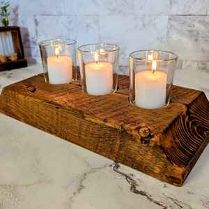 Rustic Reclaimed Wood Candle Holder: 3 Votive Centerpiece