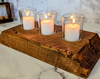 Rustic Reclaimed Wood Candle Holder: 3 Votive Centerpiece