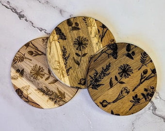 Engraved Floral Wood Coasters
