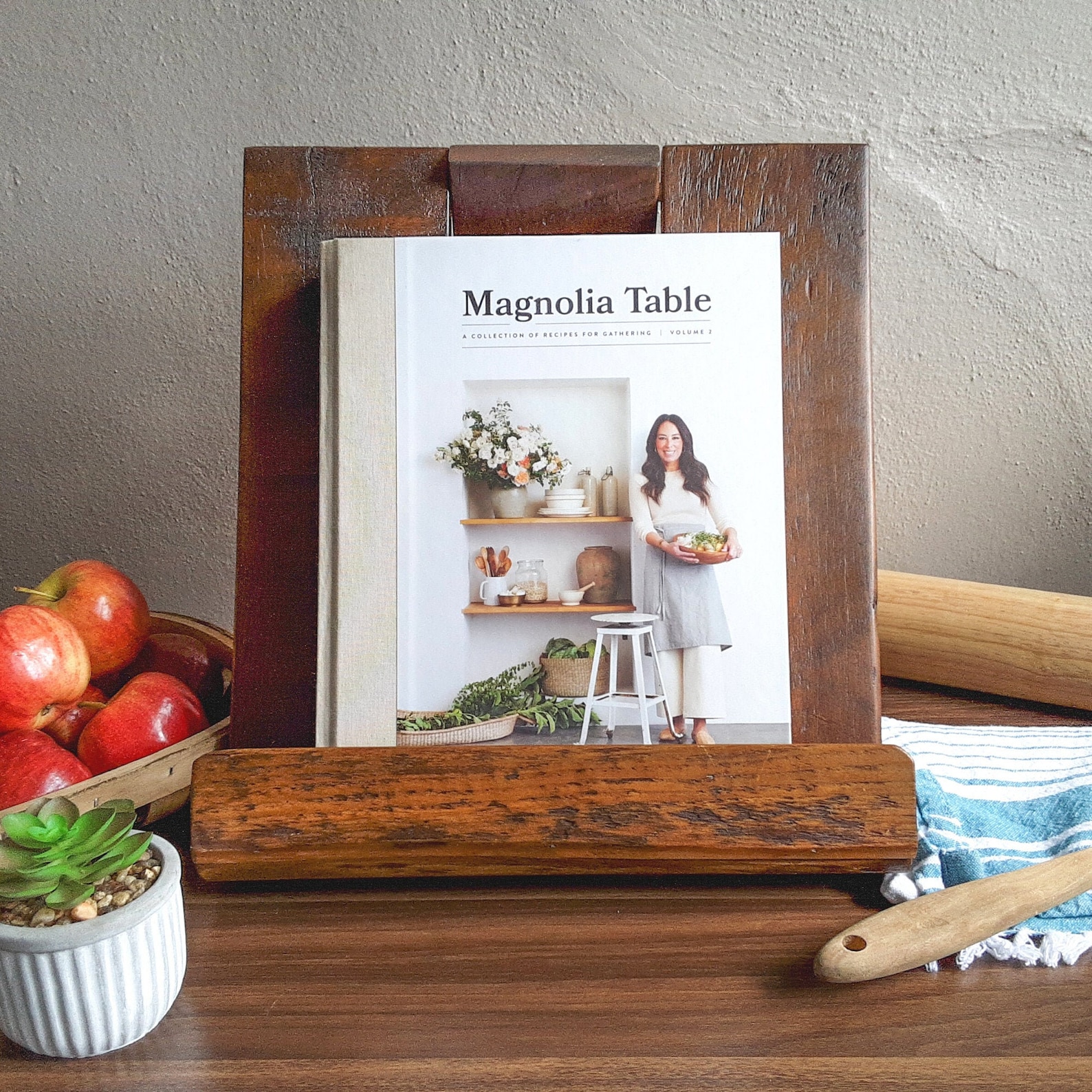 Reclaimed Wood Recipe Cookbook Stand Space Saving Folds Flat - Stained