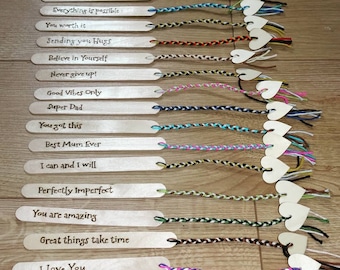 Hand engraved wooden bookmarks with short messages, bamboo cotton string and wooden heart