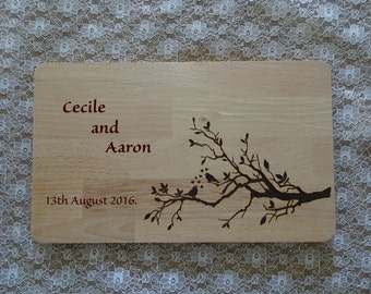 Hand engraved personalised wooden chopping board / branch / names for wedding / birthday / anniversary