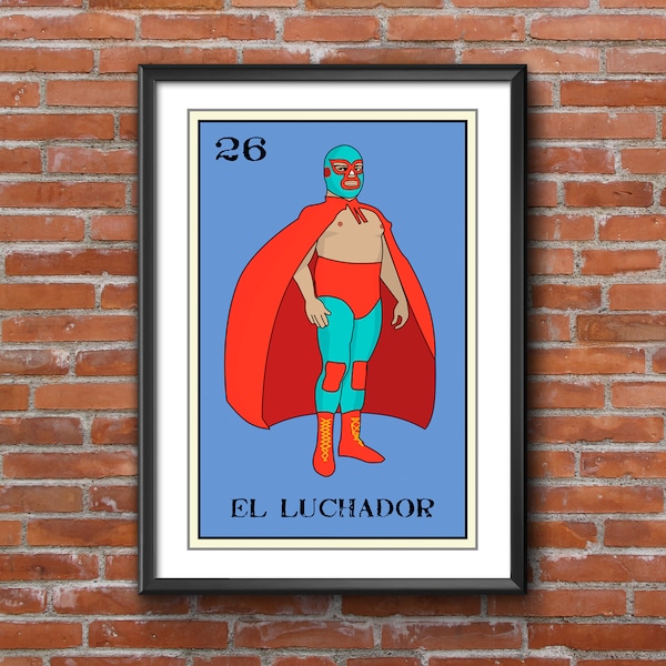 El Luchador Ver. 2 -Loteria 13x19 Art Print,loteria art,loteria print,wall art,home decor,fine art,giclee,wrestling,Lucha Libre