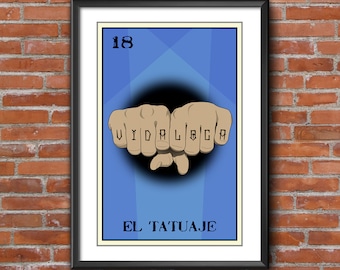 El Tatuaje -Loteria 13x19 Art Print,loteria art,loteria print,wall art,home decor,fine art,giclee,digital print,tattoos,knuckles,tattoo art