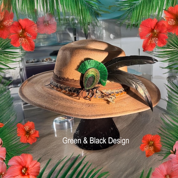 Embellished Brown Fedora with Peacock Feather Camel felt fedora with game bird feather - All Dunn Up  main image 2