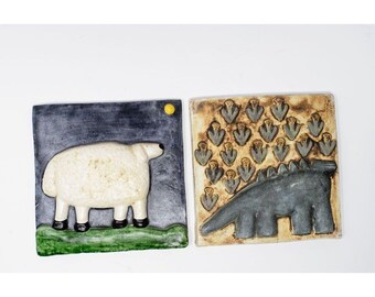 2 Handmade Kids Ceramic Sheep & Dinosaur Wall Plaques Tiles By K. Goldstrom 5.5"