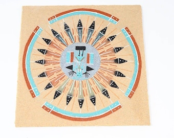 Vintage Navajo Sand Painting 8 x 8 No Frame Sun and Eagle