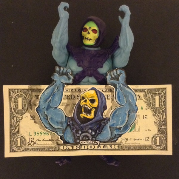 Skeletor from masters of the universe painted on a dollar