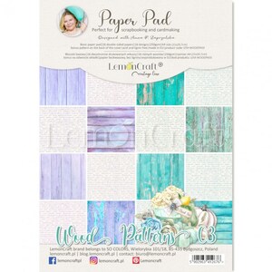 May include: A paper pad with 18 double-sided sheets featuring 16 different designs of wood patterns in shades of blue, green, and purple. The paper pad is 250gsm and measures 21 x 29.7 cm. The back of the cover features a bonus pattern. The paper pad is acid and lignin free and made in the EU. The product code is LEM-WOODPADS.