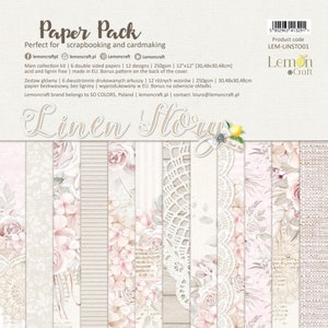 May include: A paper pack with the title "Linen Story" featuring 12 designs of floral and lace patterns in pink, white, and beige. The paper pack is 12 inches by 12 inches and is 250gsm. The paper is acid and lignin free and made in the EU.