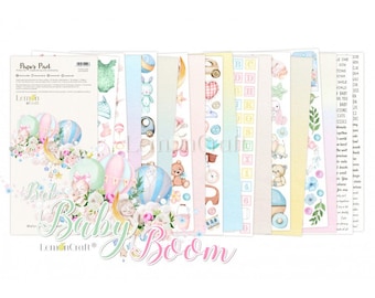 May include: A paper pad with a baby theme. The cover features a blue, green, and pink hot air balloon with a baby sleeping inside. The text "Baby Boom" is written in a whimsical font. The paper pad includes a variety of patterns and designs, including stars, hearts, and blocks.