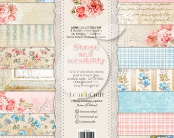 May include: A pack of 8 double-sided scrapbooking papers with 16 designs. The papers are 12x12 inches (30.48x30.48 cm) and acid and lignin free. The papers feature a floral theme with roses and blue flowers. The pack is titled "Sense and Sensibility" and is from LemonCraft.