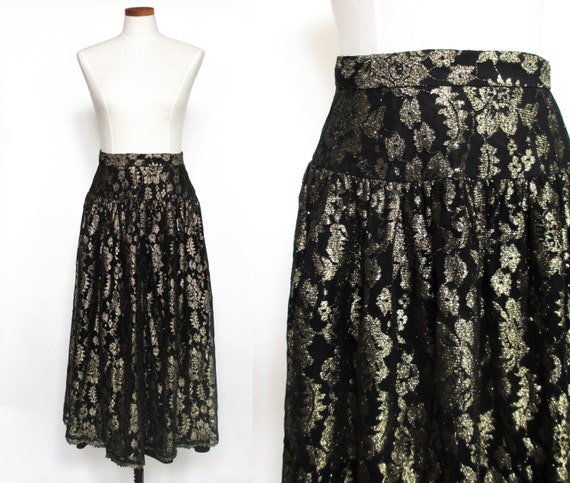 Vintage metallic lace metallic black gold midi sk… - image 1