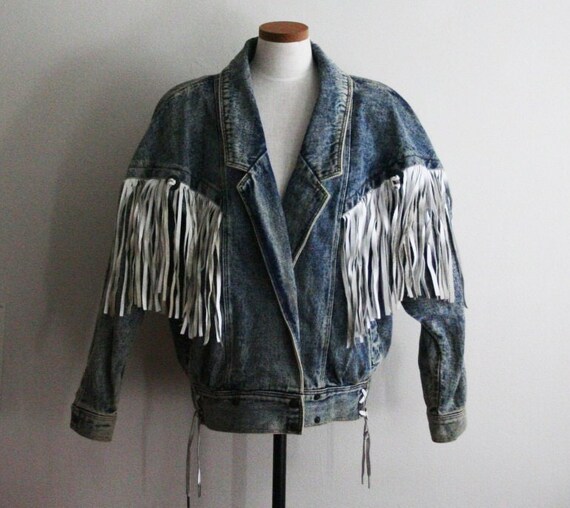 vintage acid wash denim jean white leather fringe