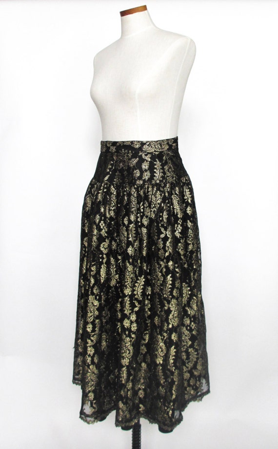Vintage metallic lace metallic black gold midi sk… - image 3