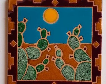 6x6 tile, Southwest cactus w/southwest border, ceramic tile, hand glazed