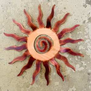 Sun burst with swirl, metal 3-d wall art, indoor and outdoor, copper, FREE shipping