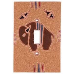 May include: A light brown ceramic light switch cover with a brown buffalo silhouette and geometric patterns in blue, red, and white.