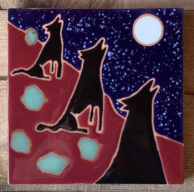 Coyotes howling, southwest decor, 6x6 decorative tile image 1