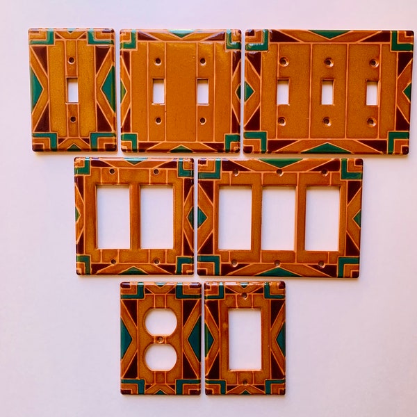 Light switch coverings painted, Blanket, brown & green, southwest design, wall pates, decorative switch plates, wall switch plates