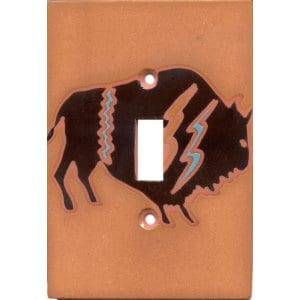 May include: A light brown ceramic light switch cover with a black silhouette of a bison with blue and white accents.