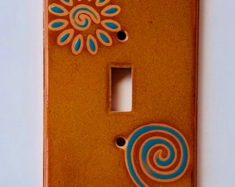 Decorative light switch cover, wall switch plates, Painted wall plates, southwest flower & swirl turquoise, single rocker, single plug