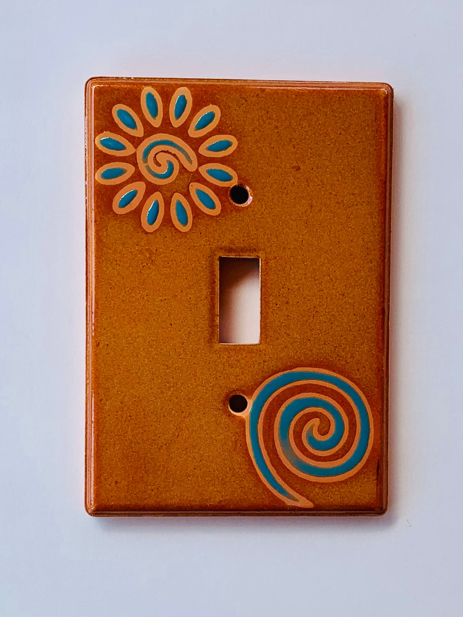 Decorative light switch cover, wall switch plates, Painted wall plates, southwest flower & swirl turquoise, single rocker, single plug