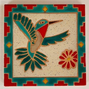 6x6 tile, Red breasted hummingbird with southwest border, ceramic tile, hand glazed