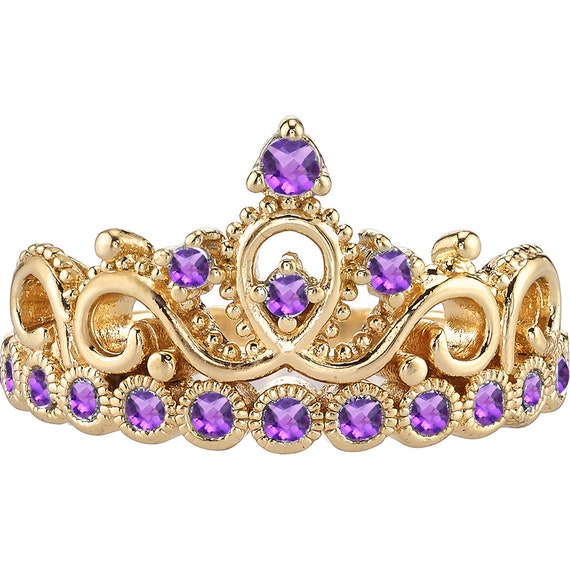 14K Gold Amethyst Princess Crown Ring (February Birthstone) - AZDBR5456GENU14K-AM