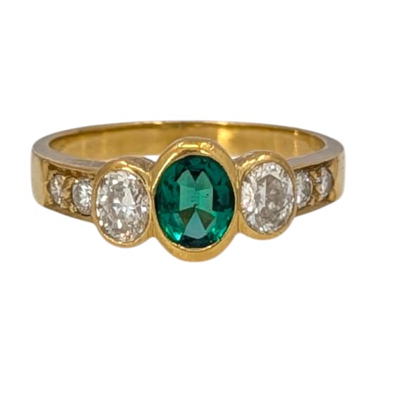 Estate 18K Oval Emerald & Oval Diamond Ring
