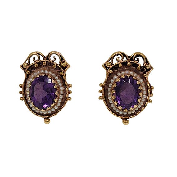 Victorian 14K Amethyst & Seed Pearl Earrings - image 1