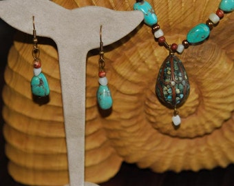 Vintage Mosaic Egg Pendant on a Turquoise Nugget Necklace with Matching Earrings