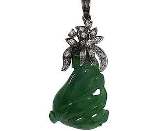 Vintage Chinese Green Jade Figurine With Wooden Base, 7 1/4