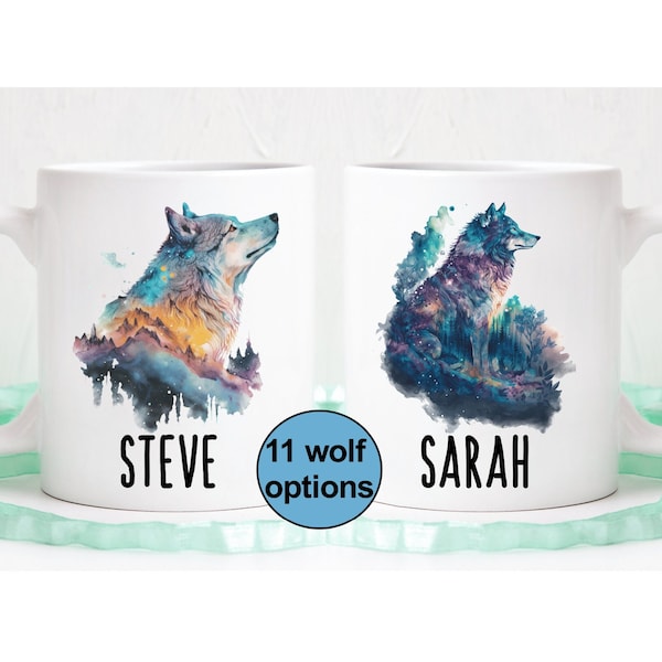 Wolf mug, custom name coffee mug, wolf gift, wolf art, dishwasher safe