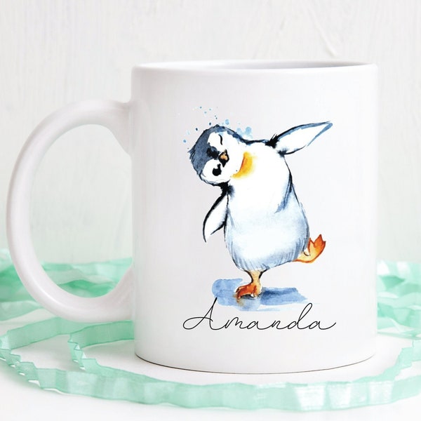Penguin mug, custom name coffee mug, penguin gift, penguin art, cute coffee mug, dishwasher safe