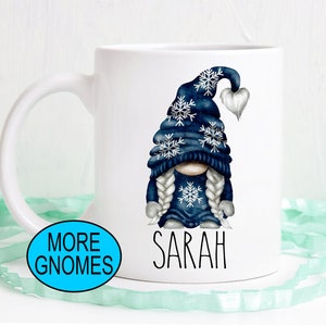 Snowflake gnome mug, winter gnomes,  cozy sweater gnome, Name coffee mug, Custom Gnome with Personalization, hot cocoa mug