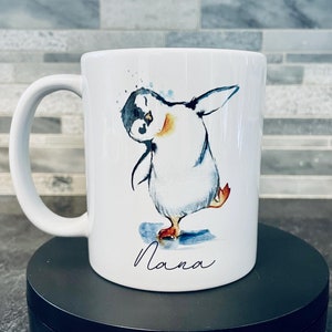 Penguin mug, custom name coffee mug, penguin gift, penguin art, cute coffee mug, dishwasher safe